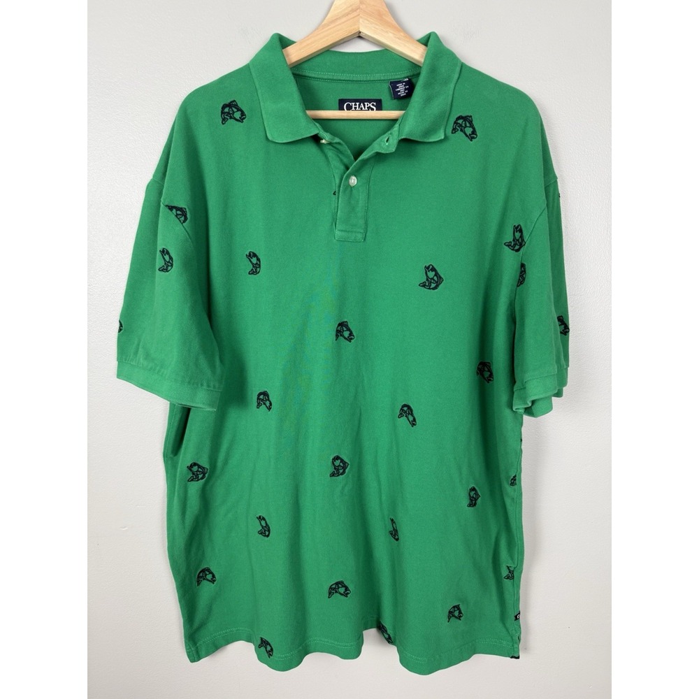 Chaps Green Bass Fish Embroidered Polo Short Sleeve Shirt‎ Men's Fishing XXL 2XL